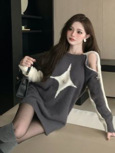 GUZILIAN | Korean Street Style Round Neck Sweater Color Block Metal Zipper Shoulder Bared Long Sleeve Knitted Top Loose Fit Autumn Winter