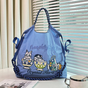 Ball Chain Japanese Style Embroidery Light Gray Tea Cup Cat Eco-friendly Bag Canvas Shopping Bag Large Capacity Commuter Bag Women