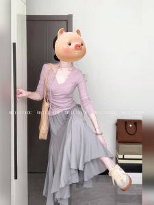 Large Size Purple V-Neck Knitted Top And Asymmetrical Skirt Set Fashionable Design Sense Splicing Autumn Style Womens Ensemble