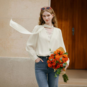 XIANGYING | French White Bow Ribbons Lace Panel V-Neck Long-Sleeve Blouse