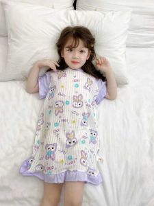 Princess Style Pure Cotton Summer Sleep Dress for Girls Short Sleeve Breathable Home Wear Comfortable Childrens Clothing