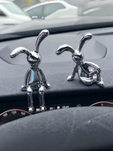 Silver Rabbit Car Dashboard Ornaments | Bunny Figurines for Car & Desk Decor