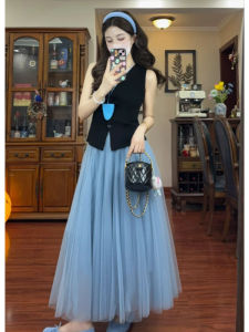 YUEZHONGWEI | Black V-neck Ice Silk Knitted Vest Women Summer Outdoor Wear Slim Fit Short Sleeveless Open Cardigan Top Commute Style Pure Color