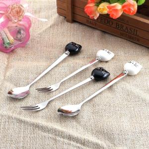 1Pcs /Pack Flatware Kitchen Tool Ice Cream Cartoon Spoon Stainless Steel Long Coffee Cat Handle Ceramic Fruit Fork