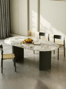 Luxurious Stone French Retro Cream Oval Wooden Dining Table