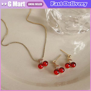 Women Jewelry Sweet Red Cherry Pendant Necklace Dangle Stud Earring Shiny Gold Color Chain White Rhinestone Jewelry