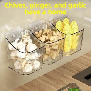 Kitchen Storage Box Wall Mounted Basket for Onion Garlic Ginger Spice Organizer Multi Functional Plastic Shelf Space Saver