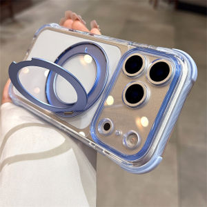 Luxury Transparent Acrylic Aluminum Alloy Magnetic Stand Phone Case For iPhone 13 14 15 16 17 Pro Max Rotate Fold Bracket Cover