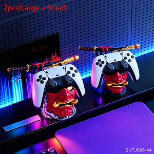 Cool Red Oni Mask Resin Game Controller Holder Samurai Sword Stand for PS5 Xbox Gaming Room Bedroom Desktop Tabletop Decoration