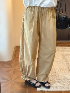 MGDM Retro Workwear Casual Pants Womens Light Thin High Density Cotton Ruffle Edge Drawstring Elastic American Style