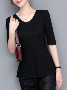 2023ฤดูใบไม้ร่วงModalเสื้อยืดผู้หญิงSlim Fitรอบคอกลางแขนขนาดใหญ่เต้นรําสวมใส่ชุดชั้นในสไตล์คลาสสิก