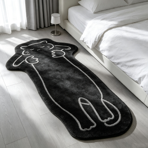 VIKAMA Lazy Lying Cat Long Shaped Rug Soft Fluffy Non Slip Floor Mat Cartoon Kitten Carpet Bedroom Bedside Decor