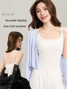 Miiow | Fashionable Cat Woman Backless Vest Double Strap Sleeveless Top Racerback Base Tank With Chest Pad Womens New 2025 Lenzing Cotton Vest