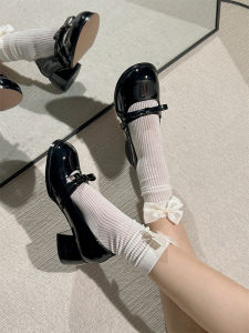 Mary Jane Womens High Heels Spring 2025 New Black Patent Leather round Head Small Leather Shoes Shallow Mouth Thick Heel Single Shoes