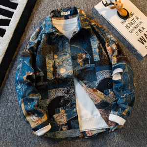 American Style Vintage Oil Painting Long Sleeve Mens Shirt Horizontal School Spring Autumn Retro Design Cool Looking Jacket