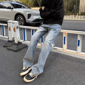 Retro Washed American High Street Vibe Mens Blue Bell Bottom Jeans Summer Slim Straight Leg Denim Pants Youth Casual Wear