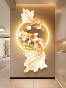 Luxurious Illuminated Decorative Painting Nine Fish Lotus with Lighting Corridor Wall Art Modern Chinese Style Entrance Decor