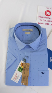 [Việt Tiến Sale] Sơ Mi Ngắn Tay - Slim Fit - Vạt Vuông - Sixe L - Họa tiết chấm trên nền xanh
