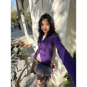 Vibrant Purple Knitted Sweater Womens Autumn Winter Versatile Quality Top Vintage Twist Flower Design Loose Fit round Neck Long Sleeve