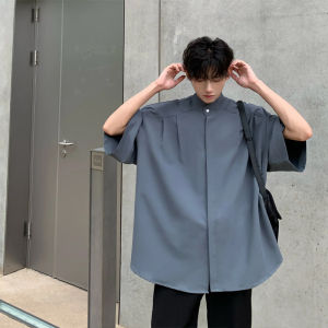 New Chinese Style Mens Ice Silk Shirt Short Sleeve Handsome Cityboy Coat Youth Trendy Brand Outerwear Autumn Fashion Casual