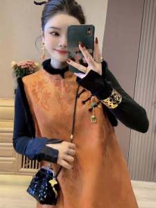 Váy Sườn Xám Phong Cách Trung Hoa Cao Cấp Mới 2024 Áo Sơ Mi Cơ Bản Váy Vest Viền Lông Kết Hợp Viền Ren Cổ Đứng