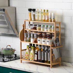 2-4ชั้น 30/40/60CM ชั้นวางเครื่องทศ, ชั้นวางขวดเครื่องปรุง, วางเครื่องปรุงไม้ทึบชั้นวางเครื่องปรุง, ชั้นวางของในครัว