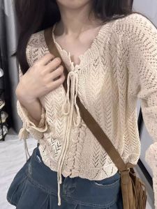 Cut Out Knitwear New Arrival V-neck Coat Womens Summer Sweet Blouse Sweater Top Thin Long Sleeves Outer Wear Cardigan