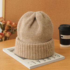 Large Design Thickened Knitted Hat Womens round Face Makes Face Look Smaller Woolen Cap Winter Casual Easiest for Match Milk Tea Color Pullover Hat