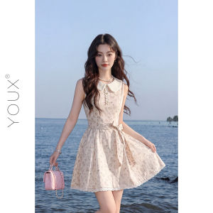 YOUXIANG | Đầm Dạng A-Line Hoa Không Tay Có Cổ Áo Ren Phong Cách Pháp
