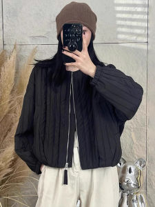 Shalldoer | Fashionable Retro Black Vertical Stripe Short Coat for Women Autumn Business Style Concealing Zipper Loose Fit