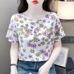 Summer Womens Printed White Short Sleeve T-Shirt Korean Style Loose Versatile Shoulder Top Cotton Blend Comfortable Fit