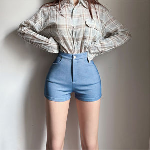 Quần Short Co Giãn Lưng Cao Màu Xanh Lam Cho Nữ Mùa Xuân 2025 Quần Bó Sát Hông Nhỏ Giúp Thon Gọn Quần Short Gợi Cảm