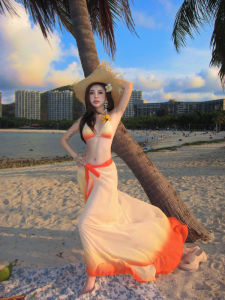 Cat Bikini Three-Piece Set Long Gown Floor-Length Gradient Sunset Orange Swimwear Cover up Beach Dressing Gown Holiday Swimwear