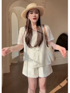 Soft French Style Womens Summer Outfit plus Size National Fashion Two-Piece Set Slimming Top Skirt V-Neck 18-25 Years Old