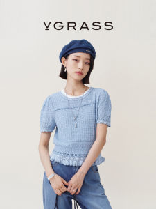 V·grass/V-GRASS | Áo Thun Dệt Kim Tay Ngắn Viền Crochet