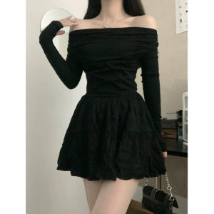 Pure欲一字肩黑色长袖连衣裙 女 春秋 性感 辣妹 小黑裙 气质露肩 生日礼裙 甜辣风 A字裙 单件