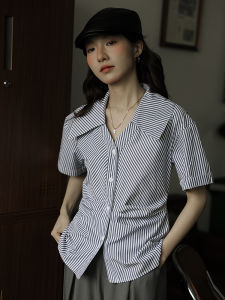 Retro Striped Short Sleeve Shirt Womens Summer Slimming Commute Style Button up Casual Loose Fit Top