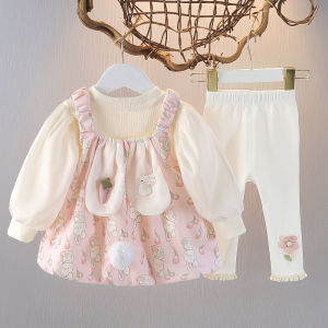 Cute Short Sleeve Long Sleeve Three Piece Set for Girls Autumn Cotton Lycra Princess Style Childrens Fashionable Base Shirt