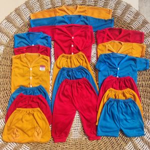 18 Pcs Paket Hemat Ekonomis Baju dan Celana Bayi Baru Lahir Seri Polos Merah Kubus Biru