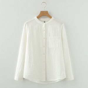 Artsy Xiaoqing New Large Pocket Stand Collar Loose Double Layer Cotton Yarn Shoulder Baby Cotton White Shirt Womens Long Sleeve Bottoming Shirt