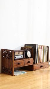 Desktop Solid Wood Storage Rack Teak Desktop Organizer Creative Bookshelf Expandable Storage Cabinet