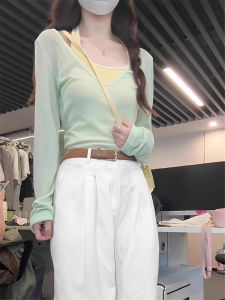 Spicy Girl Mint Green V-Neck Long Sleeve T-Shirt Women Early Autumn Design Sense Hanging Neck Vest Top Two-Piece Set Korean Style Slim Fit Casual Commute Youth Letter/Pure Color
