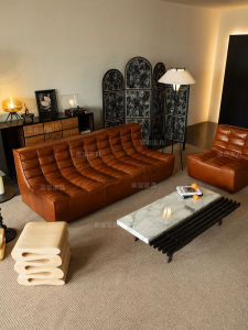 Each Letter Retro Leather Sofa Living Room Waffle N701 Modern Chinese Style French Module Corner Combination