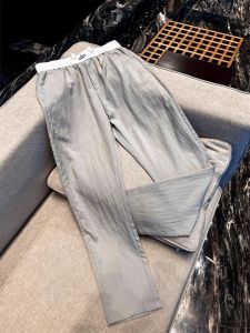 Paris Grey Mens Linen Pants Summer Thin Ice Silk Drape Straight Leg Loose Wide Leg Casual Trousers Breathable Comfortable