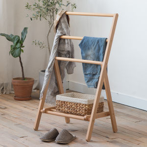 Nordic Style Real Wood Floor Mounted Low-profile Clothes Hanger Bedroom Overnight Clothing Rack Storage Organizer Utility Shelf