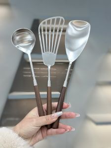 Mini Stir-Fry Spoon Soup Spoon Kitchen Utensil 304 Stainless Steel Handle Walnut Wood Boshang Home Cooking Tools
