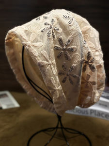 Womens Thin Lace Hat Spring Summer No-Cuff Fashionable Cap-Over-Bin White Hairs Covering round Top Polyester Fiber