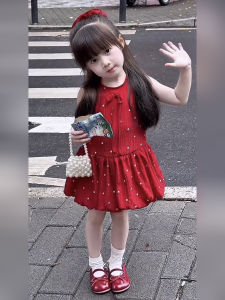 Adorable Princess Skirt for Baby Girls Sweet Red Floral Birthday Year Old Flower Bud Vest Vintage Style Soft Cotton Summer Dress