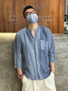 เสื้อเชิ้ตผ้าลินินลําลองสําหรับผู้ชายฤดูร้อนเรียบง่ายสไตล์ฮ่องกงมัดย้อมยืนปกแขนสั้นเสื้อเชิ้ตพักผ่อน