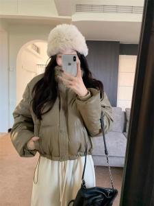 Womens Thickened PU Leather down Jacket Short Bread Style Stand Collar Winter Coat Korean Style Commute Fashion Zipper Closure